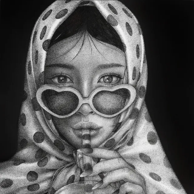 Grayscale portrait of woman with polka dot headscarf and heart-shaped sunglasses by Reiko Lauper