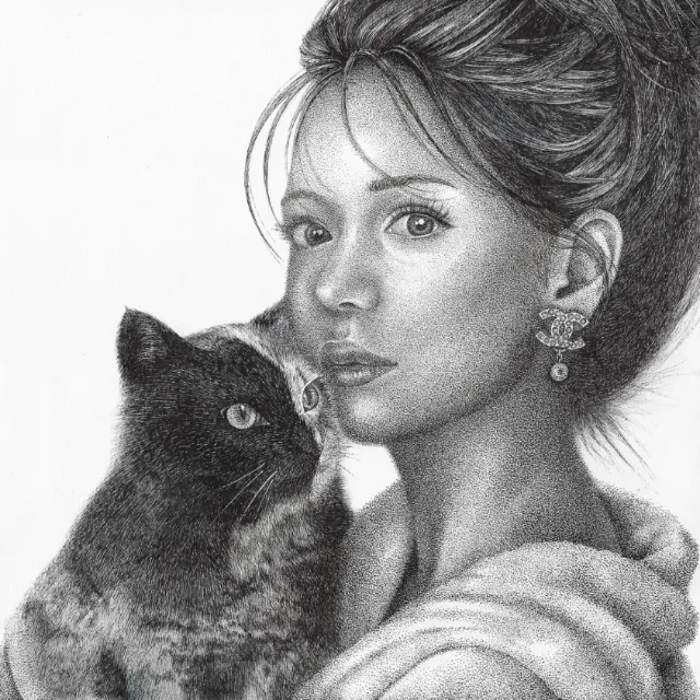 Pencil drawing of woman with black cat by Reiko Lauper