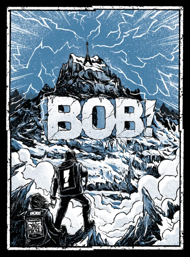Two climbers face a mountain peak with large BOB text by Rino Pelli