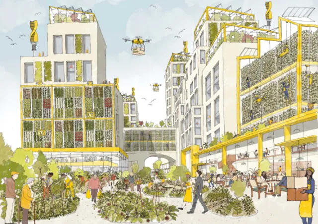 Illustration of mixed-use urban development with green spaces by Jack Sweet