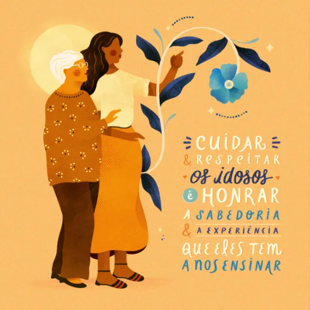 Illustration of two women and a flower with a message about honoring elderly wisdom by Barbara Tamil