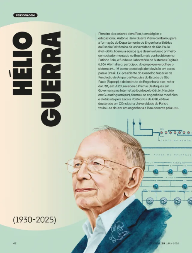 Portrait of Hélio Guerra with technical illustrations by Debora Islas