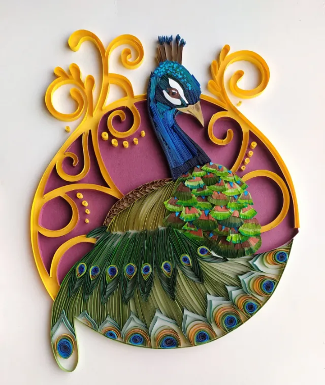 Intricate quilled peacock artwork by Glimpsecraft with vibrant feathers