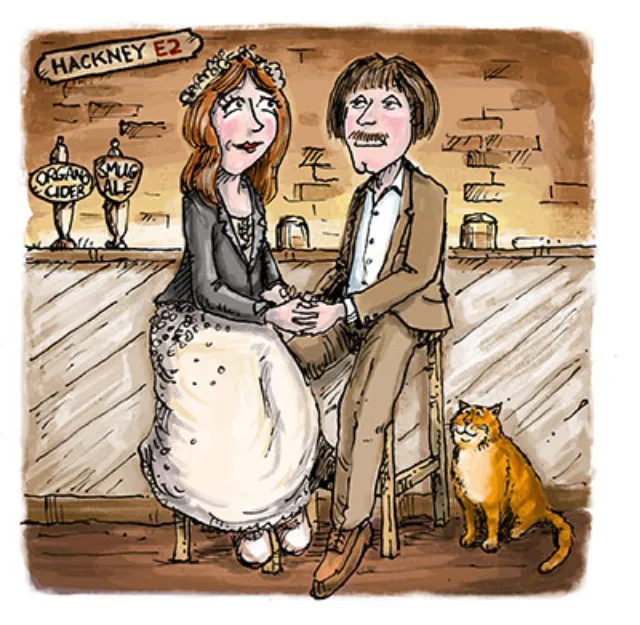 Just-married couple holding hands at a Hackney pub with a cat nearby by Sholto Walker