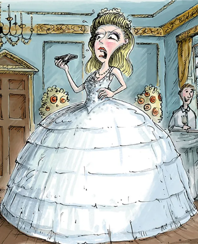 Humorous illustration of an anguished bride shouting into her phone by Sholto Walker