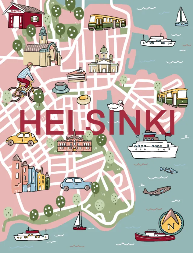 Decorative map of Helsinki with key locations