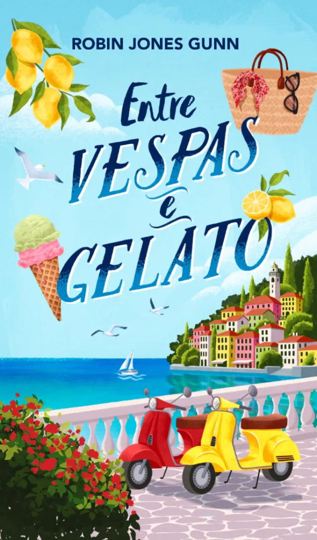 Mediterranean book cover with Vespas and gelato cones by Camila Gray