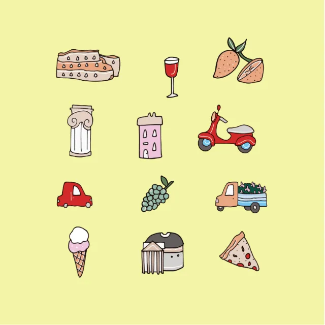 Colorful drawings of Italian icons like gelato, pizza, Vespa, and wine by Megan McKean
