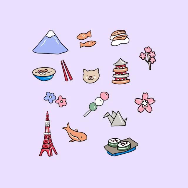 Illustration of Japanese cultural icons including Mt. Fuji and cherry blossoms by Megan McKean