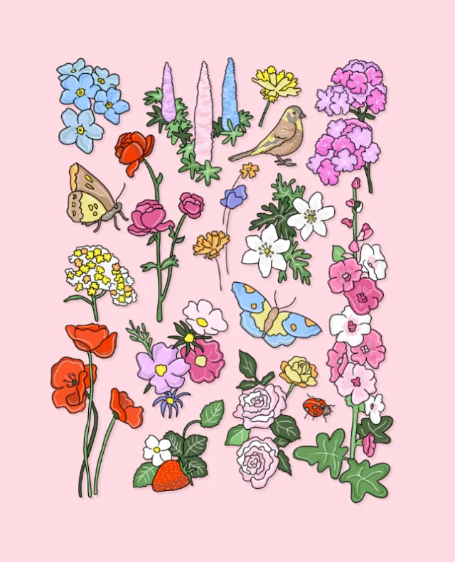 Colourful summer nature illustration with floral garden