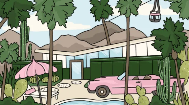 Palm Springs poolside scene with pink vintage car and palm trees by Megan McKean