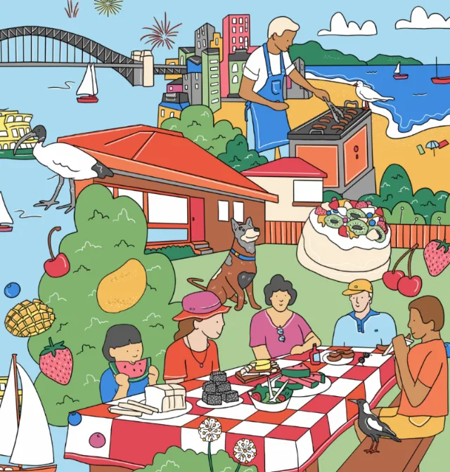 Sydney summer picnic scene with Harbour Bridge and people by Megan McKean