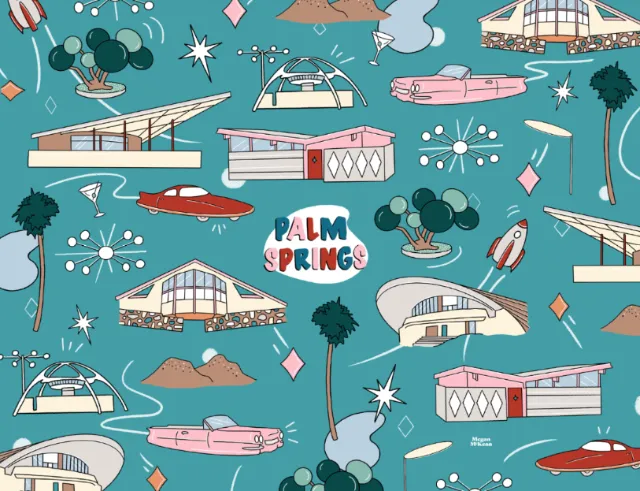 Illustrations of mid-century modern homes and symbols in Palm Springs by Megan McKean