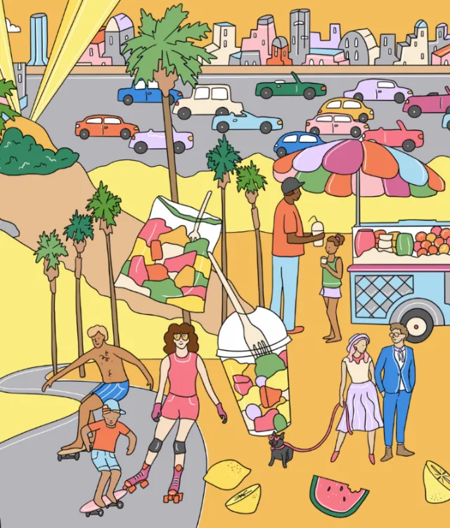 Colorful summer street with roller skaters, fruit stand, and city skyline by Megan McKean