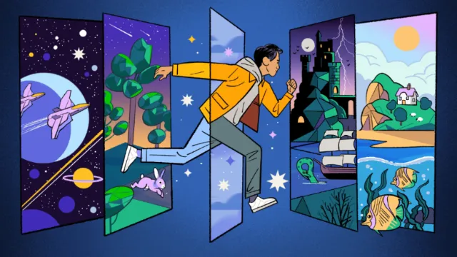 Illustration of man jumping through different worlds by Chris King