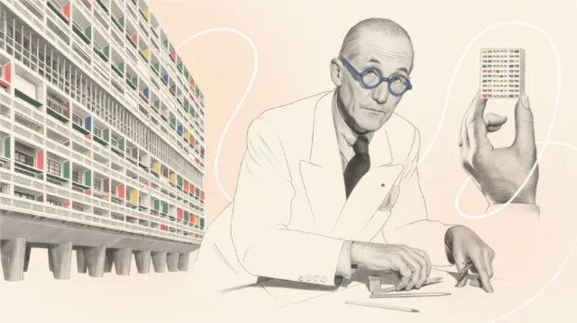 Portrait of architect Le Corbusier holding a model of Unite d'Habitation by Dena Cooper