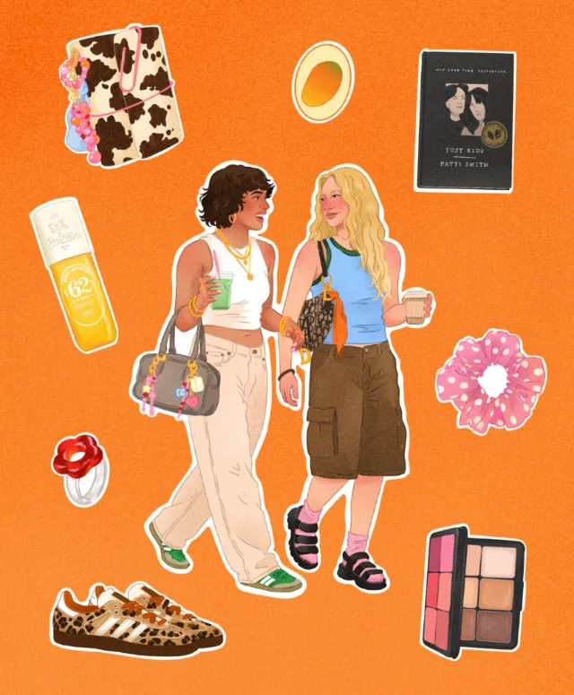 Two women walking surrounded by beauty and fashion items by Julia Prokhotskaya