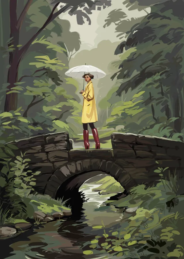 Woman in yellow coat holding white umbrella on stone bridge surrounded by forest by Ede Studio