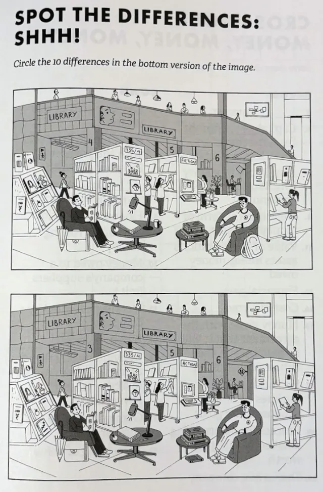 Library scenes with people reading and working quietly, spot the differences puzzle by Maxim Usik