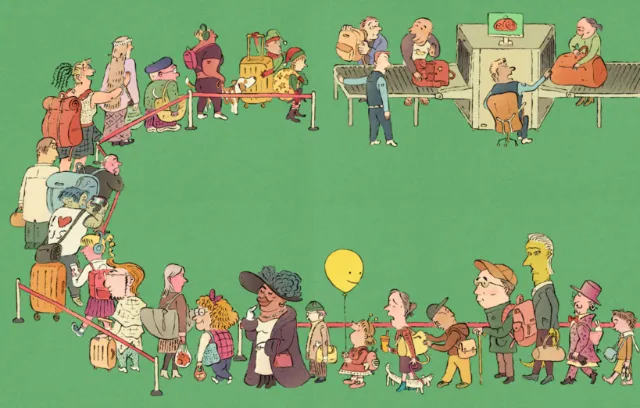 Illustration of diverse passengers and their unique belongings by Tianyi You