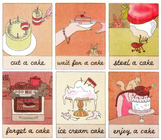 Six cake-themed illustrated panels from Piece of Cake
