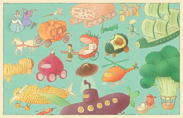 Whimsical floating vehicles like pumpkin car and submarine by Tianyi You