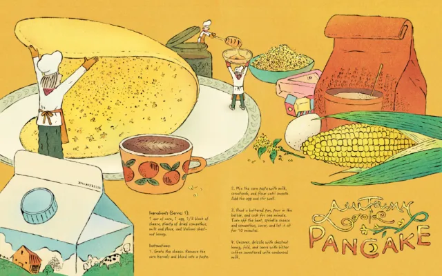 Illustrated osmanthus milk pancake recipe with chefs and ingredients by Tianyi You