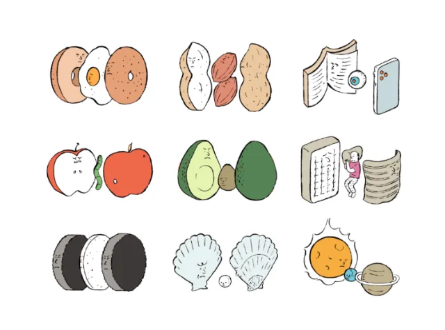 Illustration of paired foods and objects, contrasting similarities and differences by Tianyi You