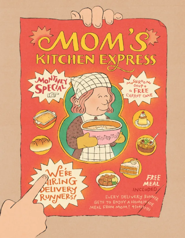 Mom holding a Mom's Kitchen Express promotional poster artwork by Tianyi You