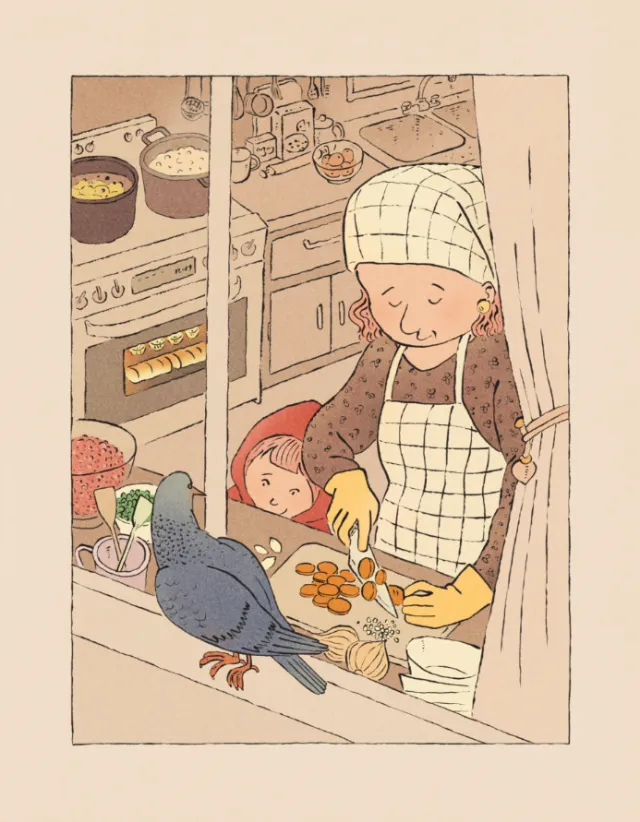 Little Red Riding Hood's mom cutting carrots in kitchen with child and bird by window, by Tianyi You