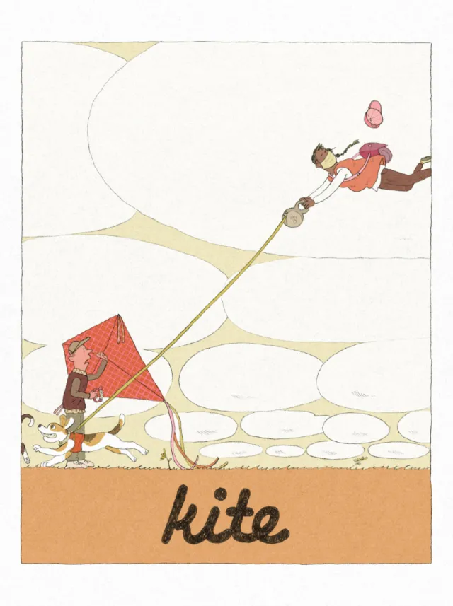 Person in red shirt flying a kite, artwork by Tianyi You