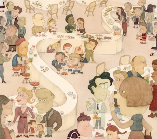 Illustration of a busy office scene with diverse characters by Tianyi You