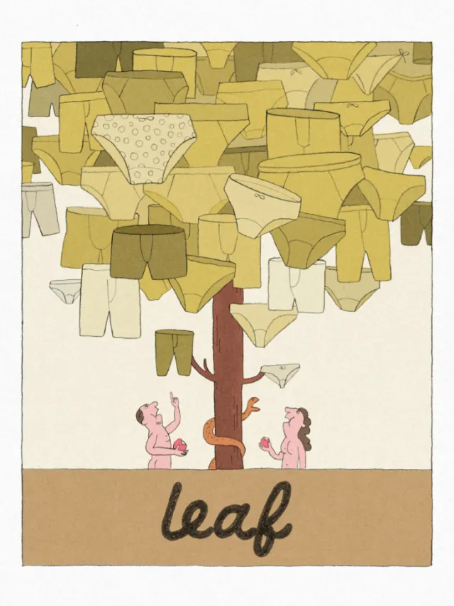Drawing of a tree with underwear as leaves and two people below by Tianyi You
