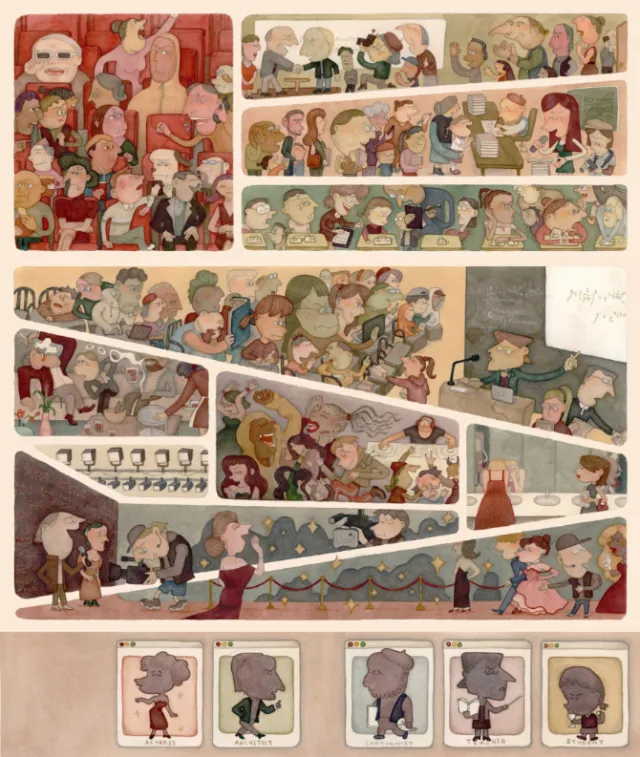 Detailed scene depicting people interacting with impostor syndrome by Tianyi You