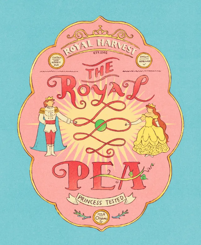 Hand-lettered design of The Royal Pea package by Tianyi You