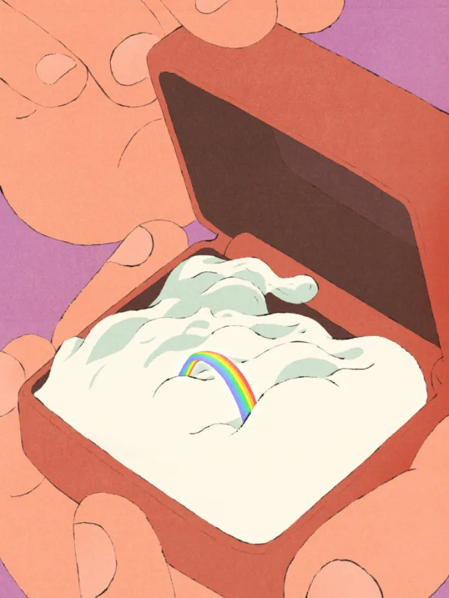 Hand holding jewelry box with rainbow ring inside, by Tianyi You