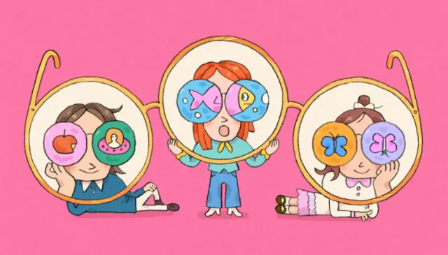 Colorful illustration of three children holding magnifying glasses with circular images by Tianyi Yo
