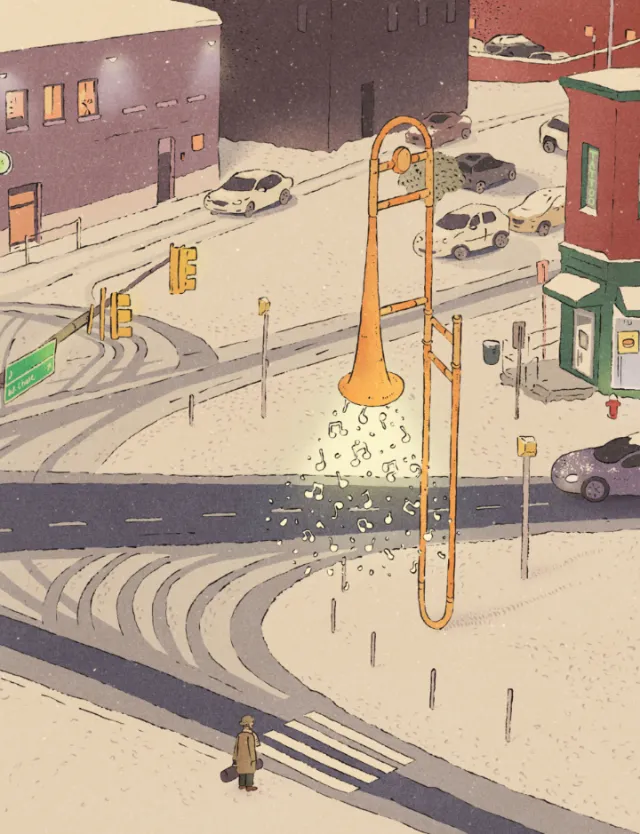 Quiet city intersection during snowfall