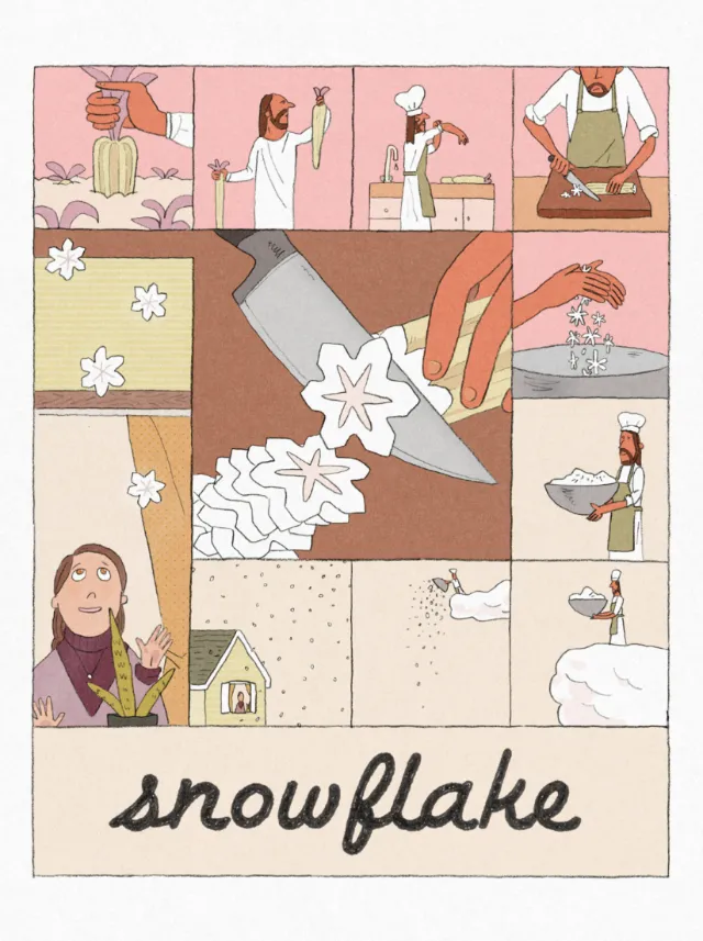 Illustration of a person cutting paper snowflakes by Tianyi You