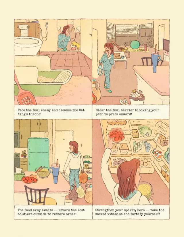 Four comic panels of a person distracted from doing laundry by various tasks, by Tianyi You