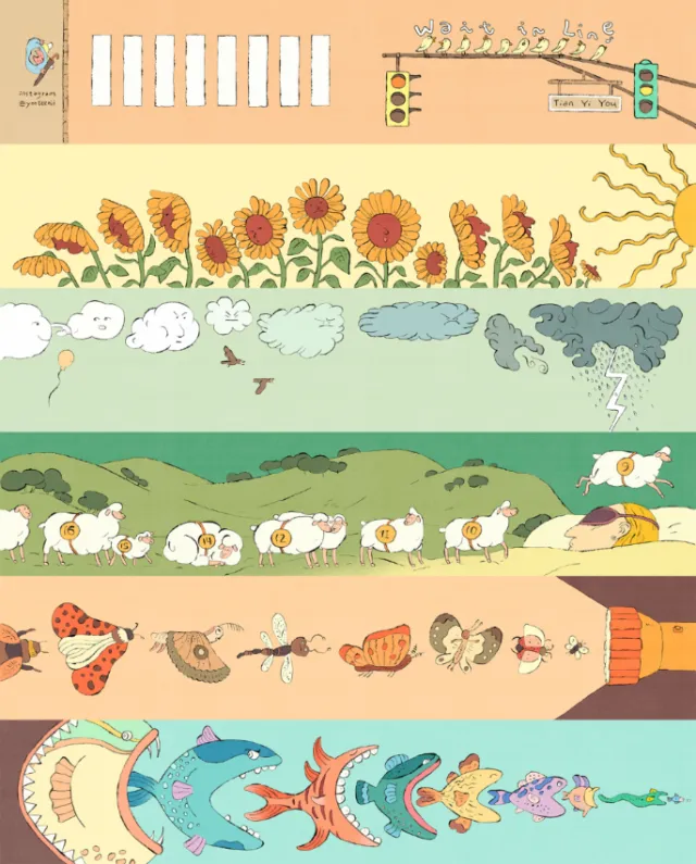 Colorful comic panels showing animals, plants, and nature by Tianyi You