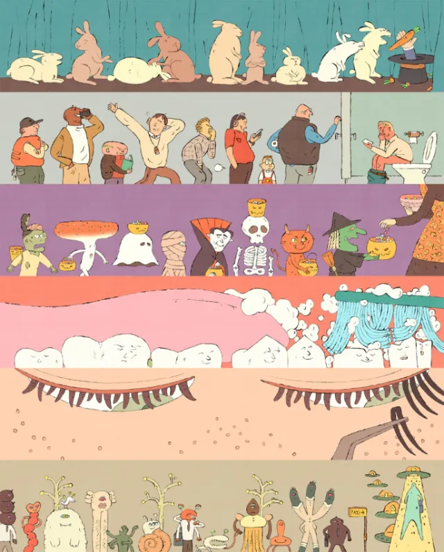 Graphic illustration of queue and everyday life moments