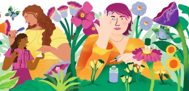 Colorful illustration of diverse people and flowers by Gina Rosas Moncada