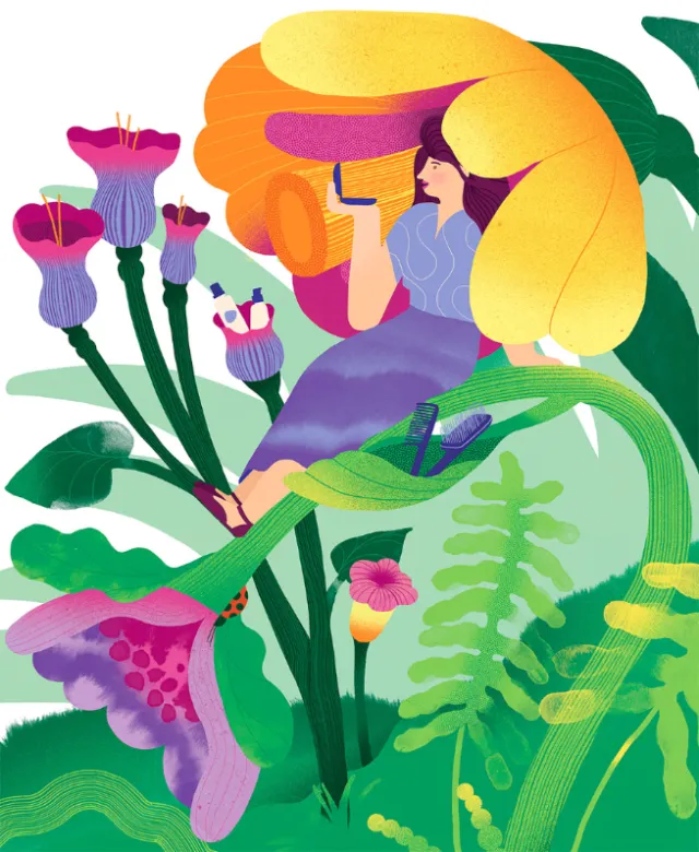 Woman sitting inside a giant yellow flower among oversized colorful plants by Gina Rosas Moncada