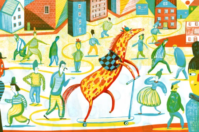 A giraffe riding a scooter among walking people by Anne Wilson