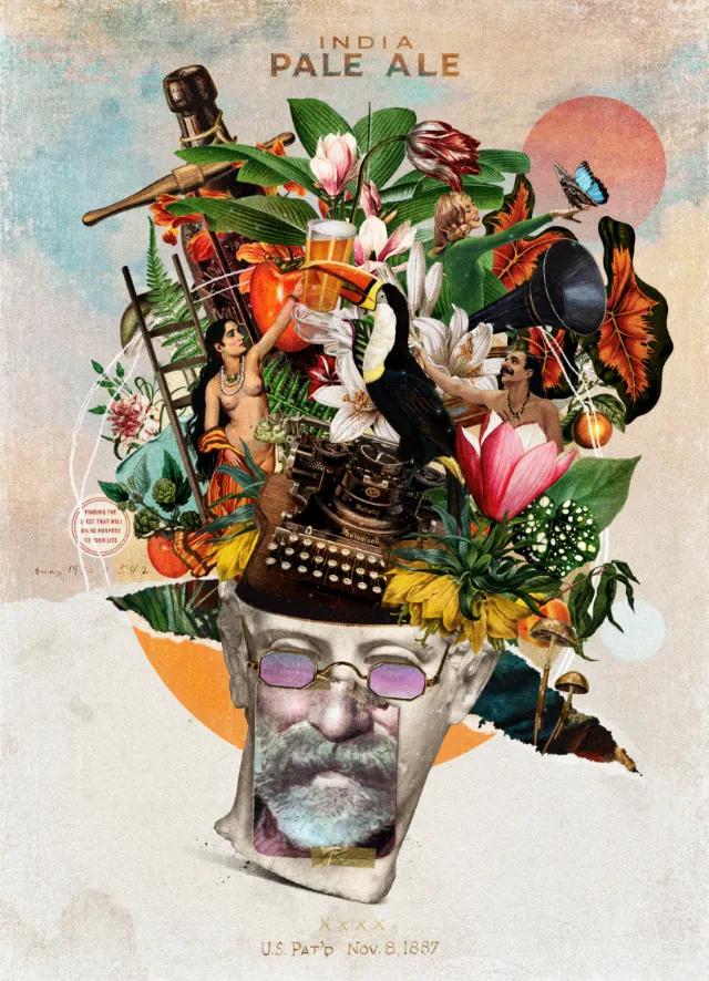 Surreal collage of a man's face with botanical and mechanical elements by Patrick Boyer
