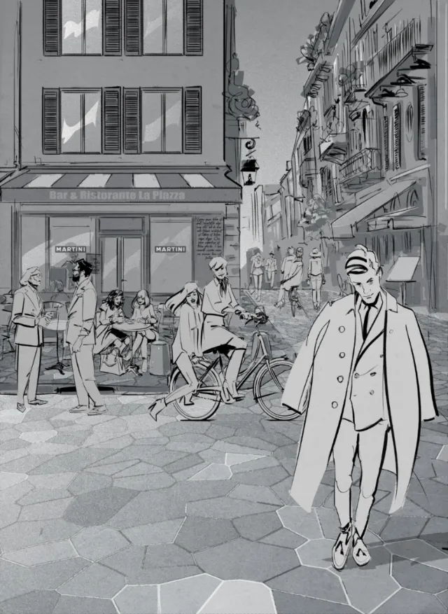 Italian street with people dining, cyclist, and man walking by Ede Studio