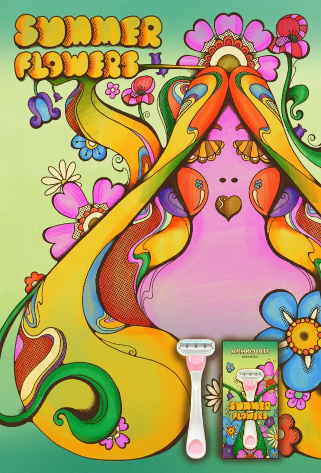 Psychedelic 1960s style summer flowers razor ad by Laura Greenan