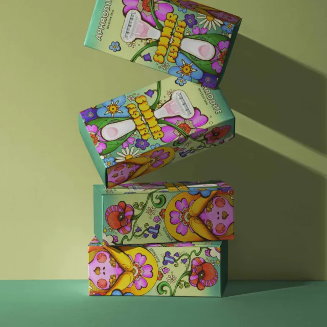 Colorful 1960s style packaging with flowers and a female head by Laura Greenan