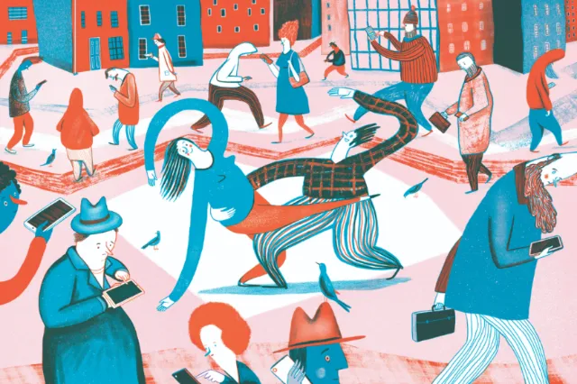 Busy urban street with diverse people walking and interacting, art by Anne Wilson